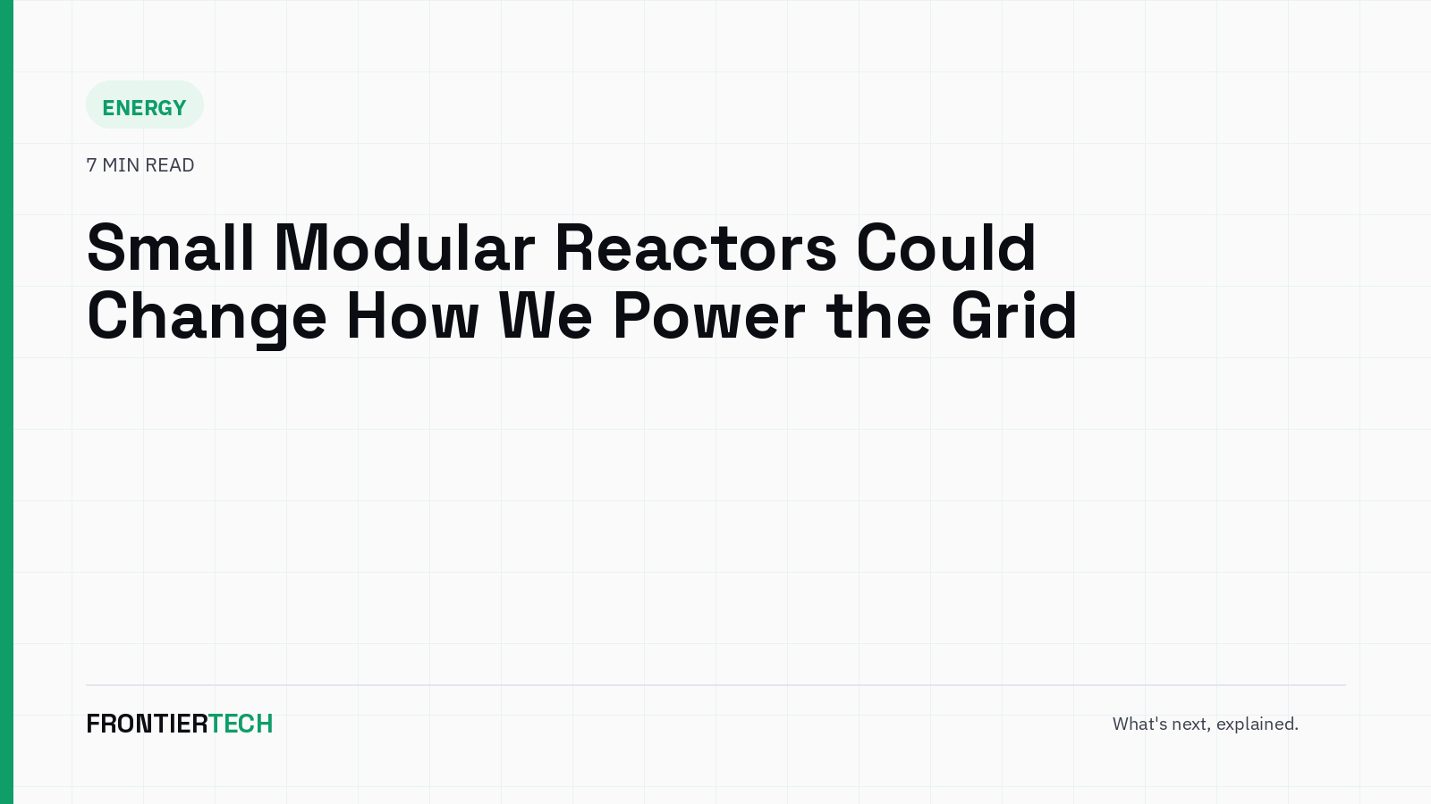 An illustration of a compact modular nuclear reactor unit beside a stretch of transmission lines
